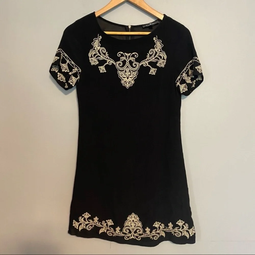 LULUS Tale to Tell Beige & Black Embroidered Dress
